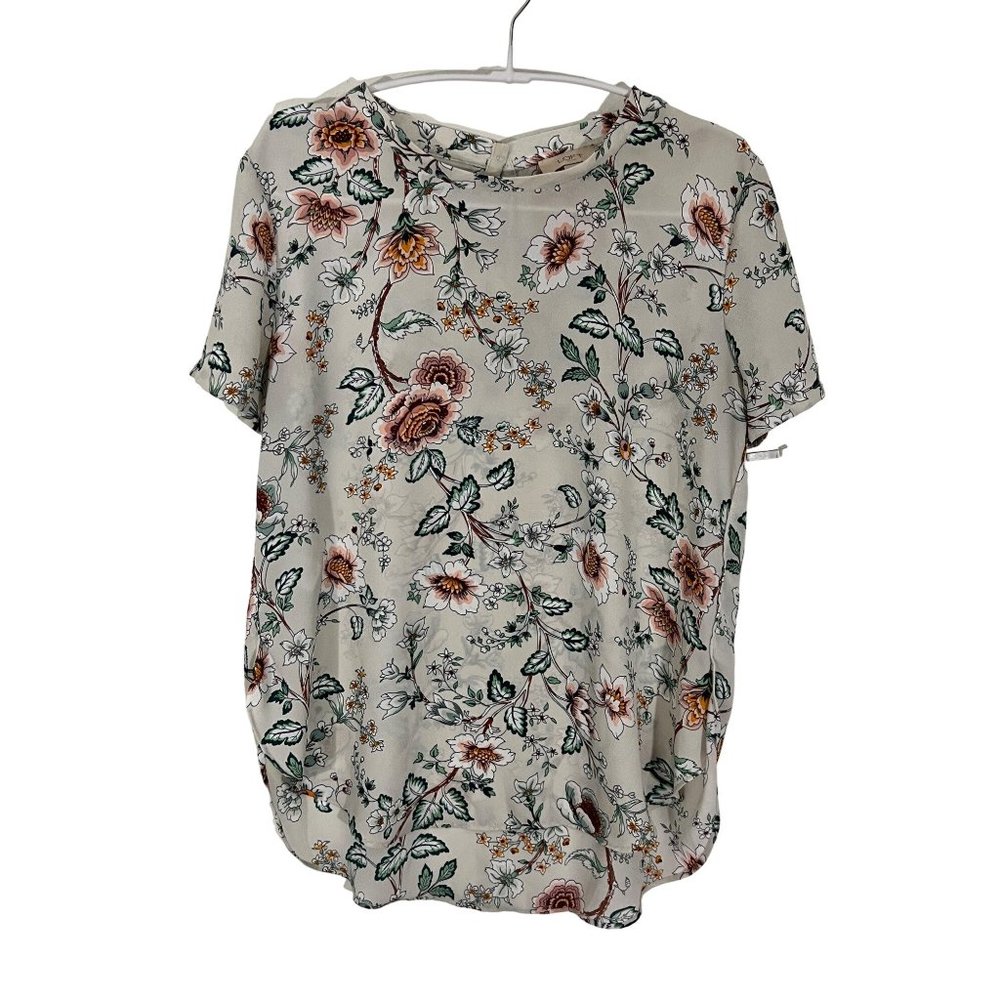 Loft Sheer Woman's Small Gray Floral Print Short Sleeve Blouse Top Shirt